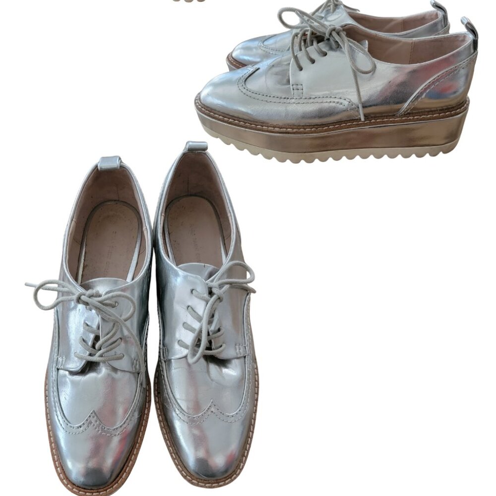 Zara Basic Platform Metallic Silver Mirror Oxfor Brogues Lace Up Shoes